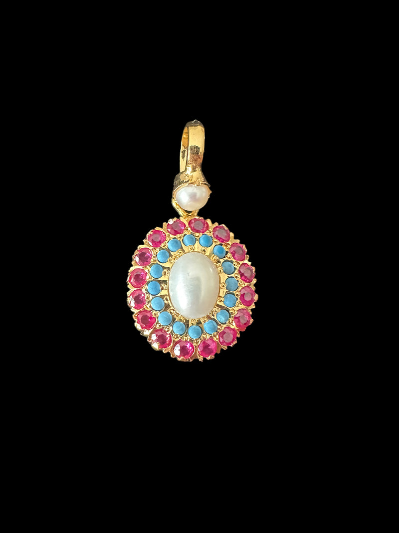 Gold plated jadau silver pendant set in ruby turquoise  ( SHIPS IN 4 WEEKS )