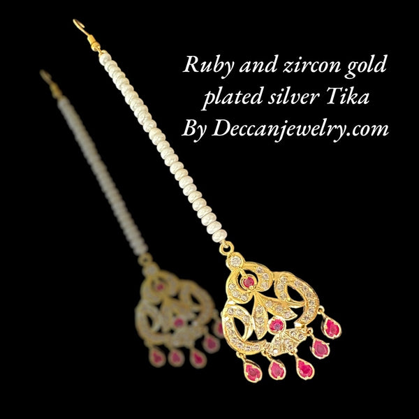 Ruby and zircon gold plated silver tika ( READY TO SHIP )