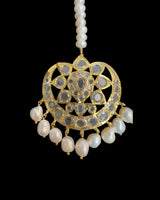 DJTK498 Traditional Hyderabadi Glass Polki Tika with Freshwater Pearls – Gold Plated ( READY TO SHIP )