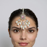 Farhat 💎 Ruby Bridal Choker Set with Earrings & Tika – Gold-Plated with Zircon & Shell Pearls