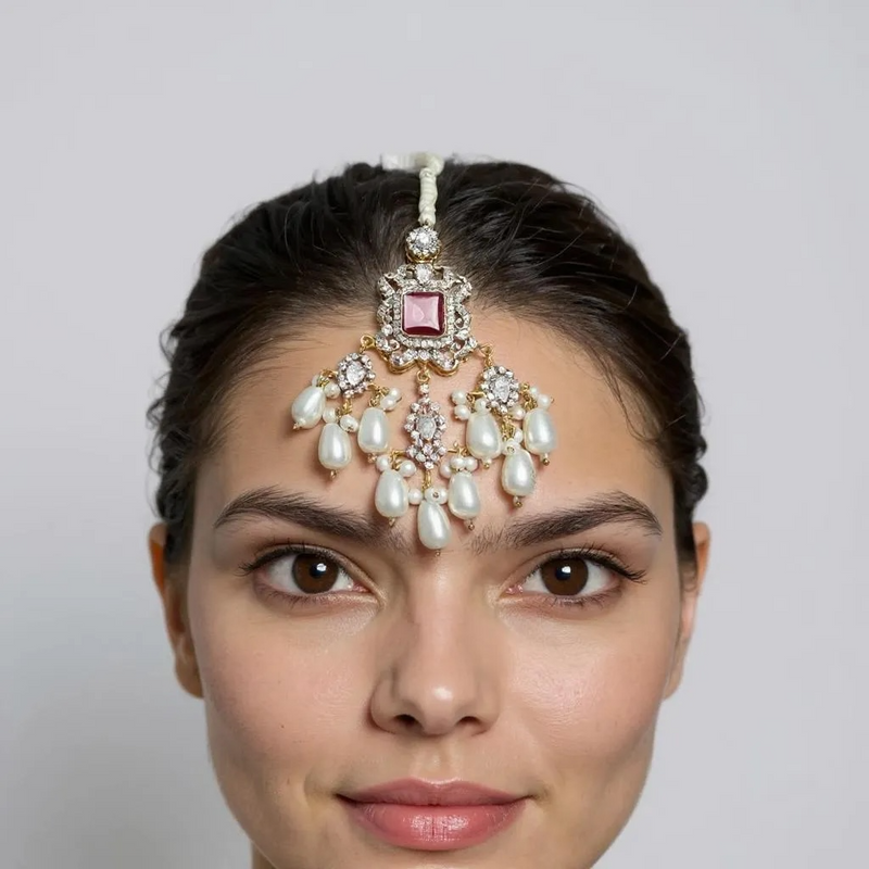 Farhat 💎 Ruby Bridal Choker Set with Earrings & Tika – Gold-Plated with Zircon & Shell Pearls