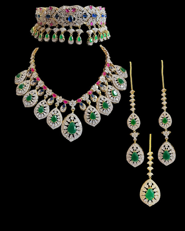 Fareena bridal set in ruby emerald sapphire ( READY TO SHIP )