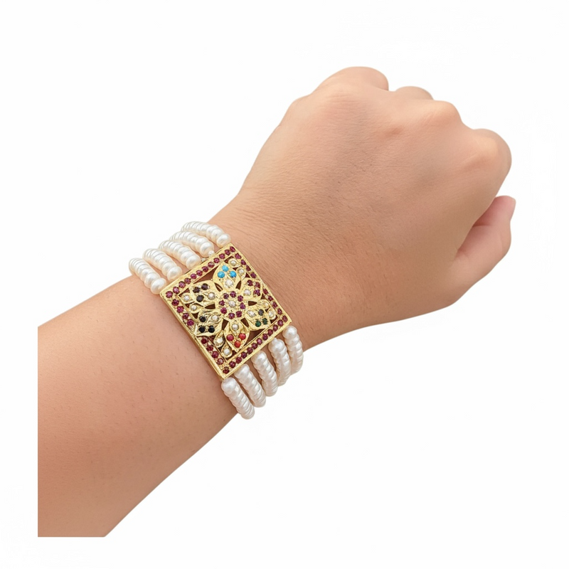 Gold Plated Silver Navratan Bracelet with Freshwater Pearls ( READY TO SHIP )