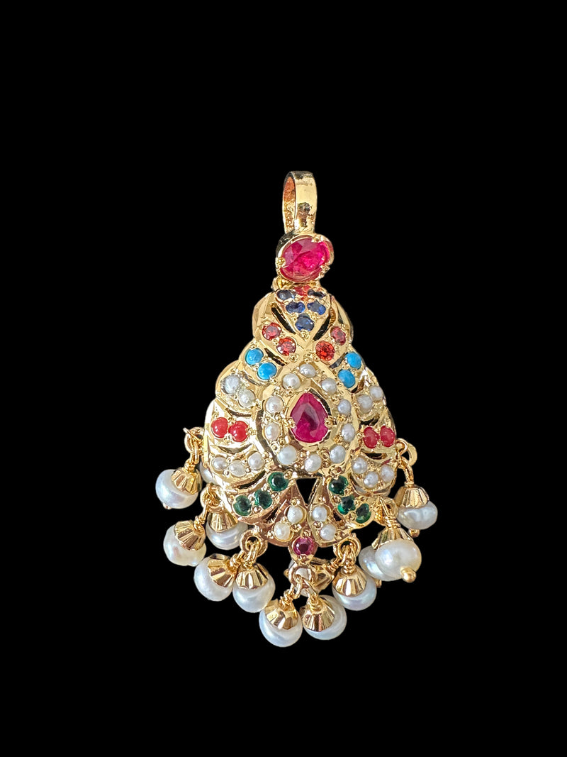 Gold plated jadau silver pendant set in navratan   ( READY TO SHIP )