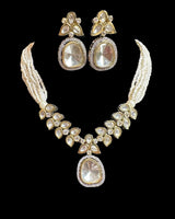 DNS214 Pearl & Polki Necklace with Stud Earrings – Dainty Gold-Plated Set ( READY TO SHIP )