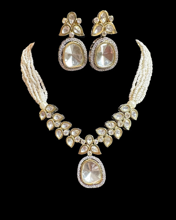 DNS214 Pearl & Polki Necklace with Stud Earrings – Dainty Gold-Plated Set ( READY TO SHIP )
