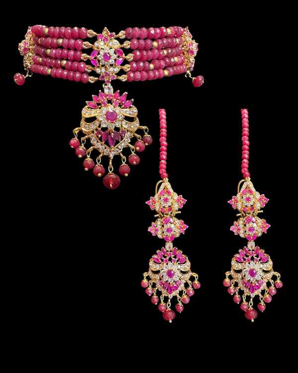 C576 Zarifa Ruby zircon Gold-Plated Choker with Earrings ( READY TO SHIP )