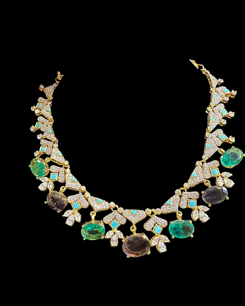 DNS212 Turquoise & CZ Necklace Set with Earrings – Gold Plated ( READY TO SHIP )