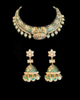 C605 Gold-Plated Meenakari Hasli Necklace Set with Polki Jhumka Earrings ( READY TO SHIP )