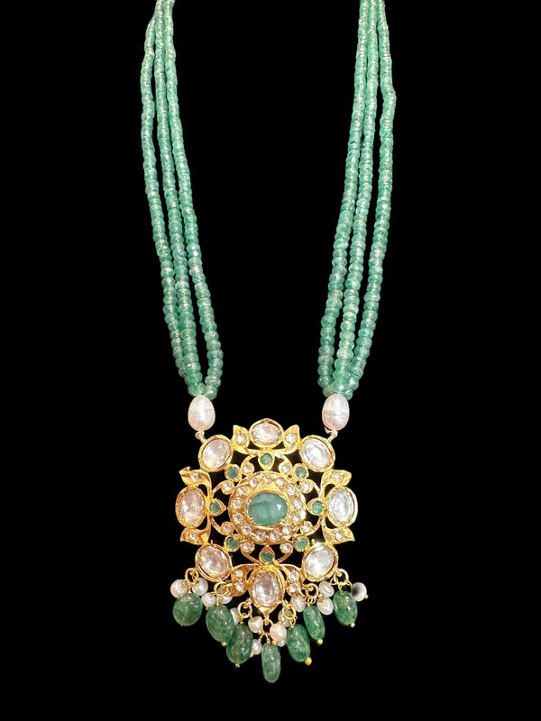 DLN133 Moissanite & Emerald beads Long Mala with Freshwater Pearls – Gold-Plated l Necklace Set ( SHIPS IN 4 WEEKS  )