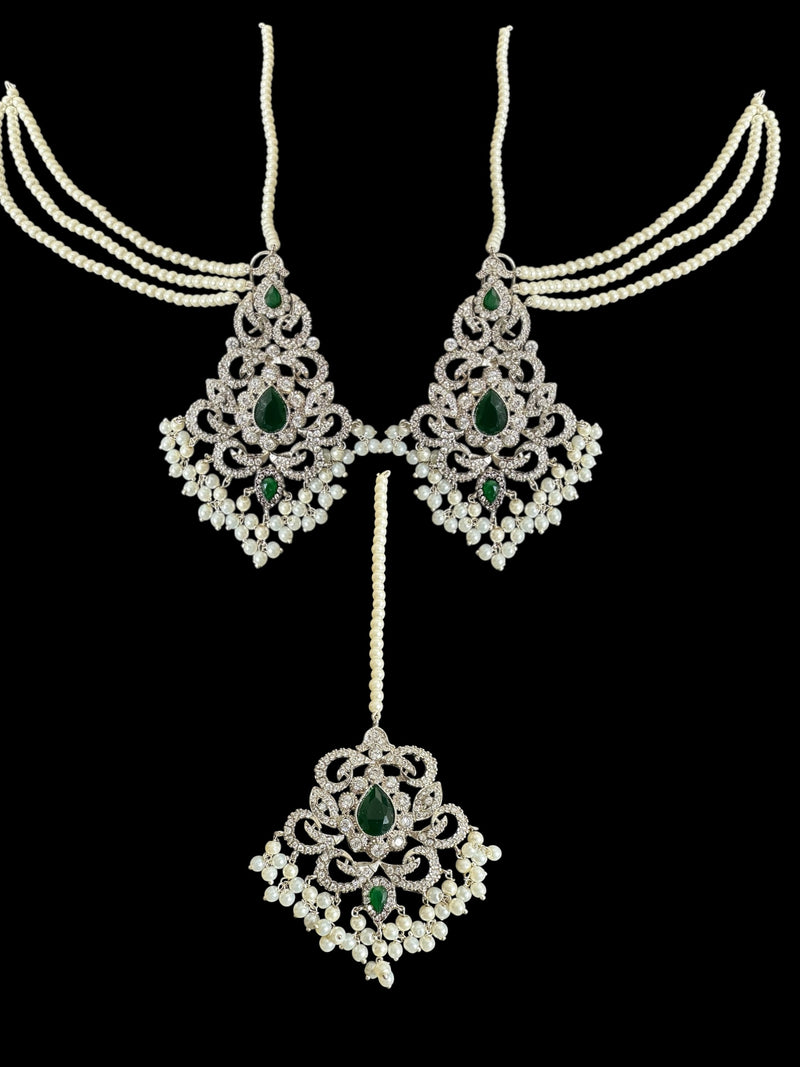 Raaga zircon earring tika set in green with silver plating ( READY TO SHIP  )