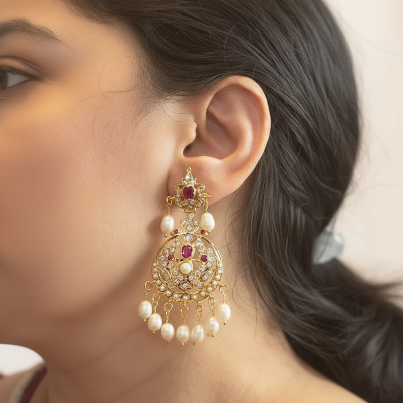 Gold-Plated Silver Ruby & Freshwater Pearl Pendant Set | 92.5 Silver | Elegant Zircon Design ( READY TO SHIP )
