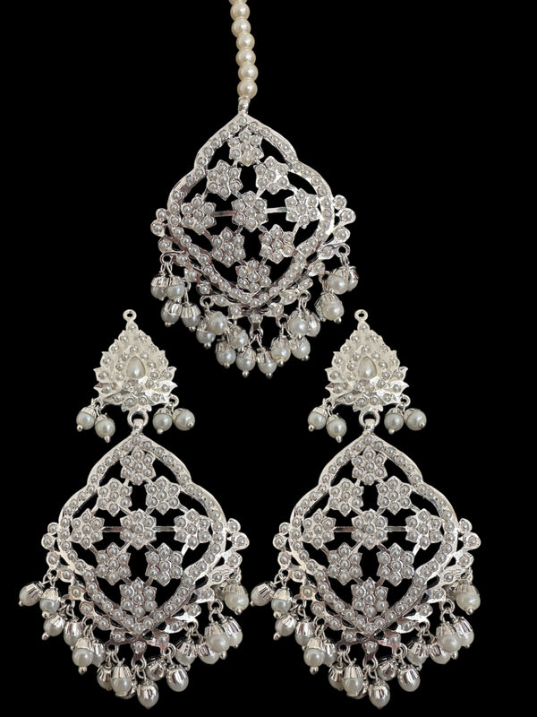 Mehru Jadau chandbali earrings tika in pearls - silver plated ( SHIPS IN 3 WEEKS )