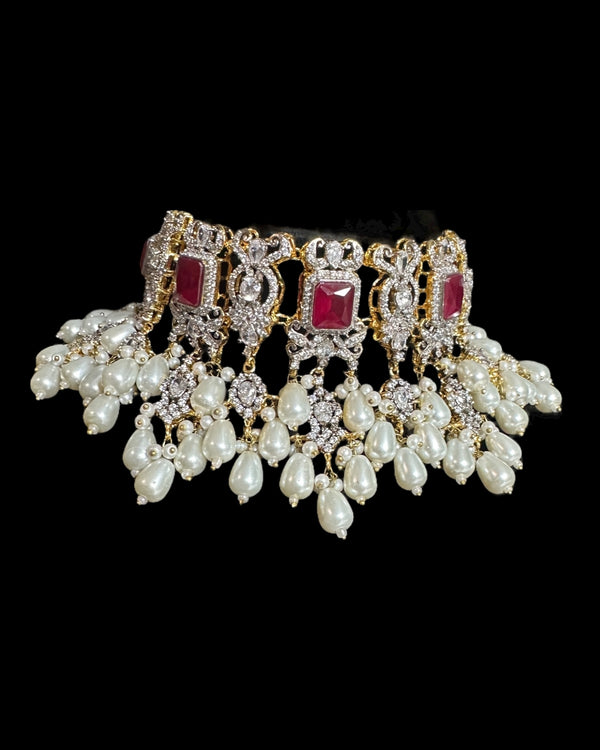 Farhat 💎 Ruby Bridal Choker Set with Earrings & Tika – Gold-Plated with Zircon & Shell Pearls