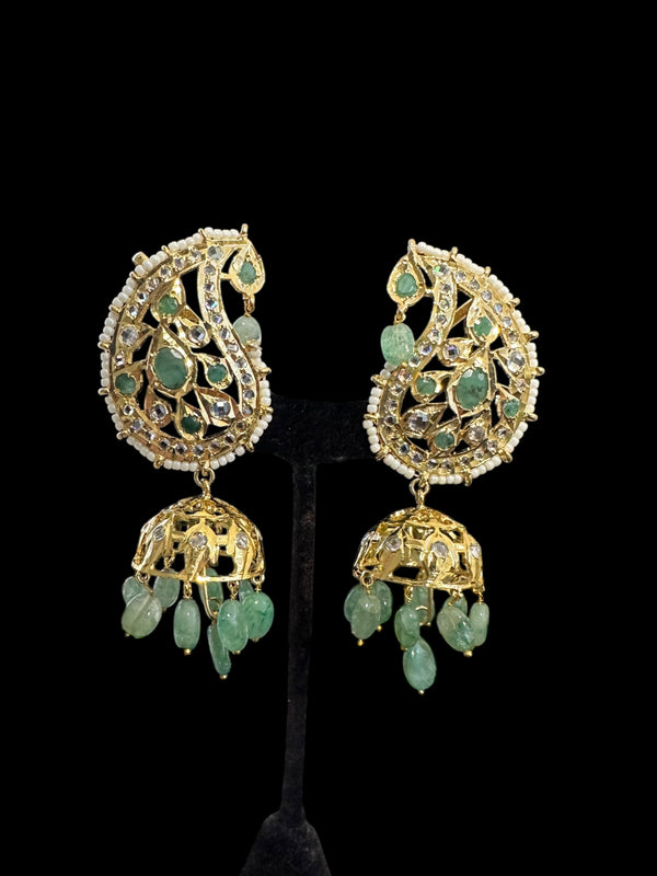 DER726 Kaan phool jhumka earrings in emeralds  ( READY TO SHIP )