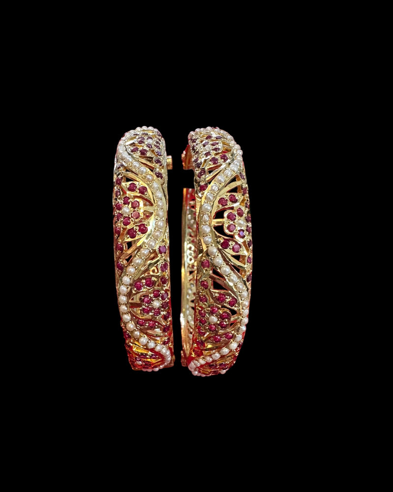 Gold-Plated 92.5 Silver Bangles with Rubies & Freshwater Pearls (Pair) ( READY TO SHIP )