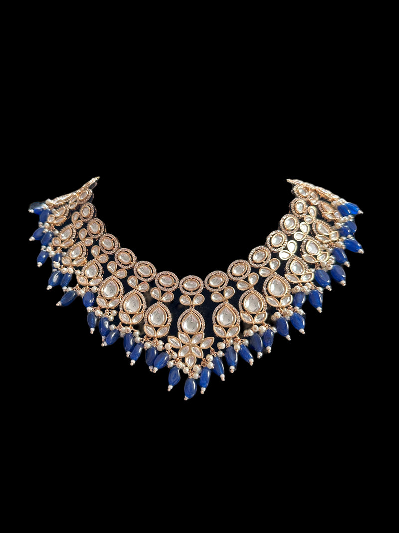 BR316 Bridal Polki necklace in blue beads ( READY TO SHIP )