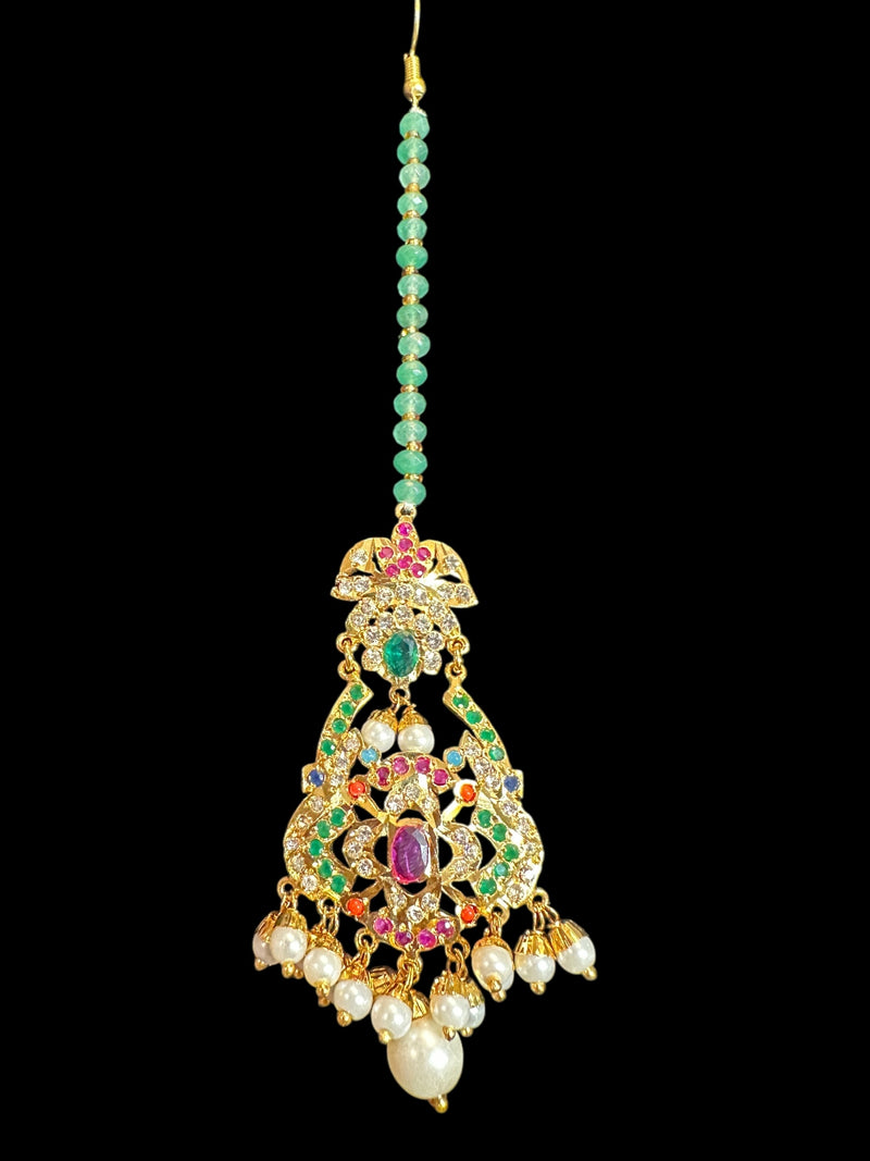 Navratan Dangler Choker Set with Earrings & Tika – Gold-Plated Elegance