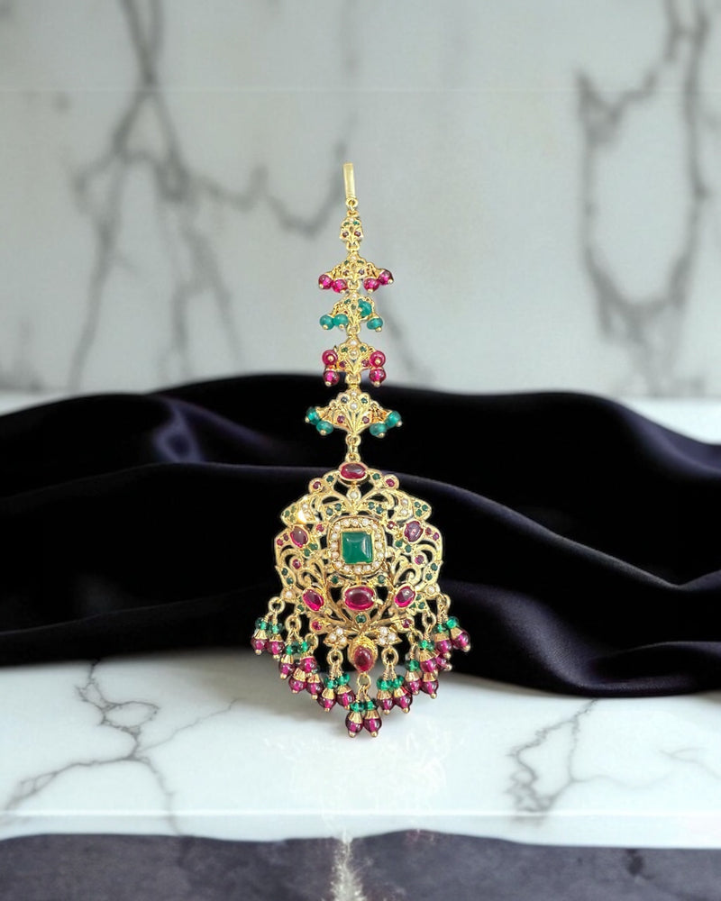 Grand Bridal Tika in Ruby, Emerald & Pearls – Gold Plated on 92.5 Silver ( READY TO SHIP )