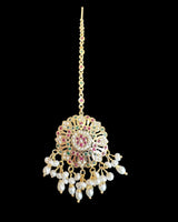 Ruby & Emerald Gold-Plated Silver Tika with Freshwater Pearls – Handcrafted Heritage Jewelry ( READY TO SHIP )