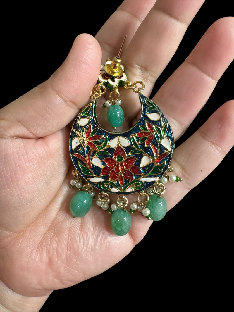 Kundan meena earrings - Green ( READY TO SHIP )