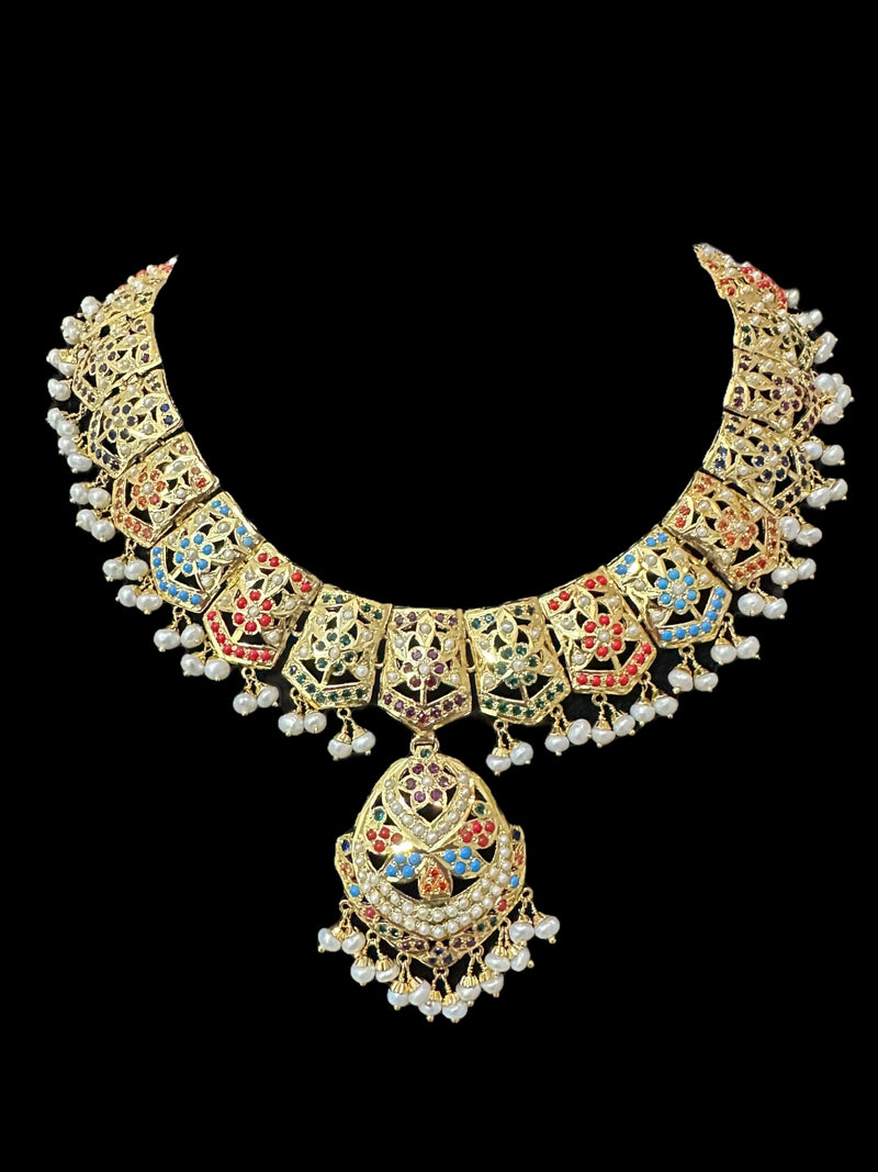 Navratan / Multicolored Jadau Necklace Set in Gold Plated Silver ( READY TO SHIP )