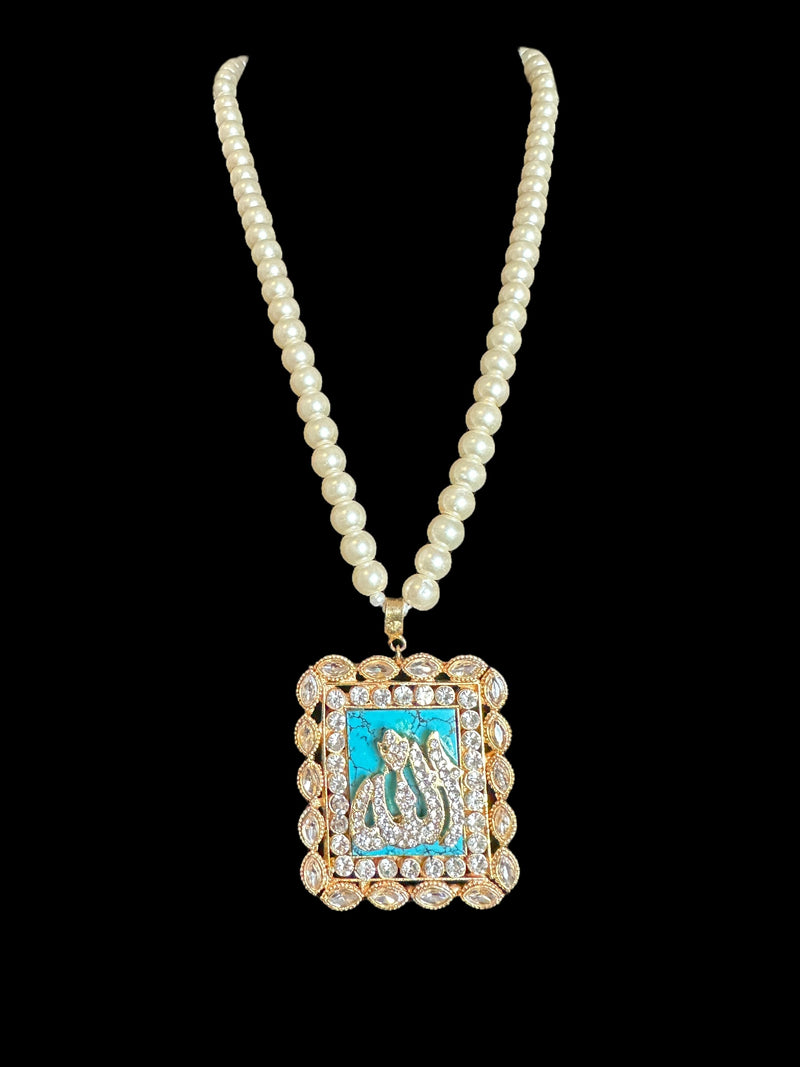 PS534 caligraphic pendant set with turquoise stone in pearls ( READY TO SHIP )