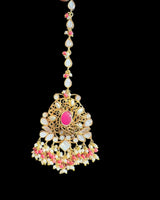 Bridal Choker Set in  Ruby & Shell Pearls | Gold-Plated | Earrings + Jhoomar + Tikka ( READY TO SHIP )