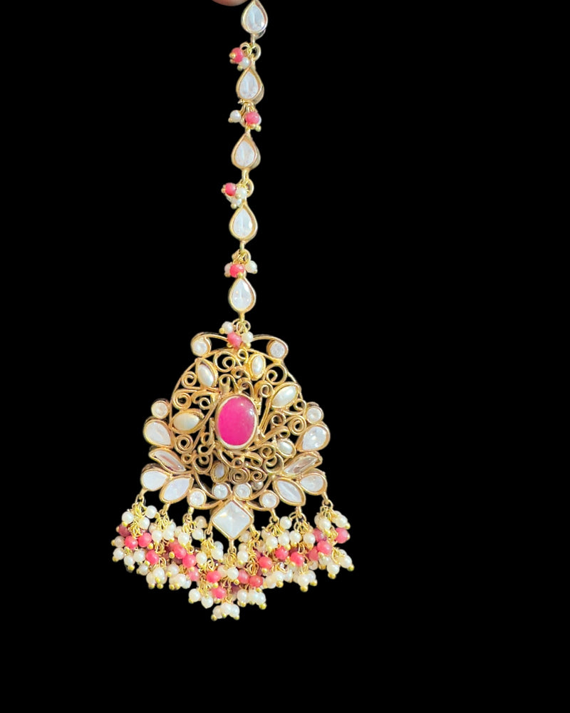 Bridal Choker Set in  Ruby & Shell Pearls | Gold-Plated | Earrings + Jhoomar + Tikka ( READY TO SHIP )
