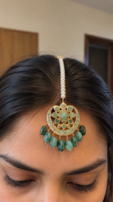 DJTK499 Traditional Hyderabadi Emerald Tika with Freshwater Pearls ( READY TO SHIP )