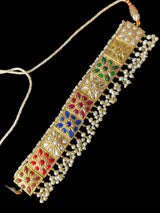 C536 Navratan bridal choker earrings and Tika set in fresh water pearls ( READY TO SHIP )