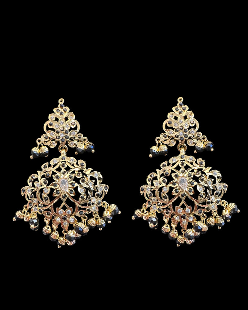 DJET100 Black & Zircon Gold-Plated Earrings with Tikka Set ( READY TO SHIP )