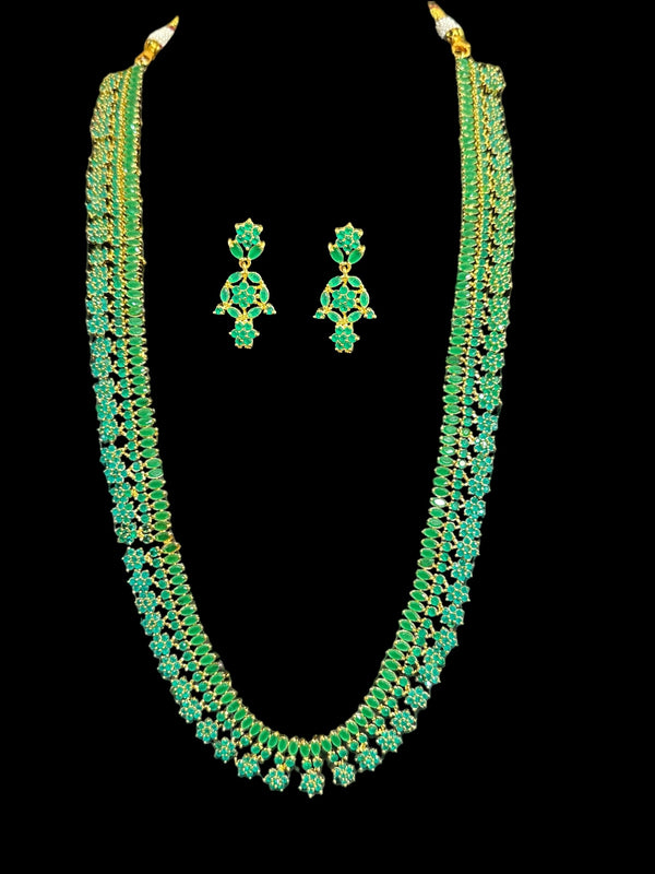 DLN41 Megha long set in cz stones - green    (READY TO SHIP)