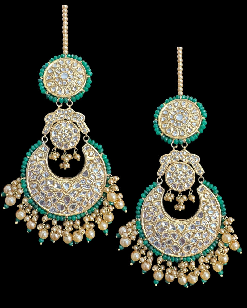 DER732  kundan dangler earrings with green beads( READY TO SHIP )