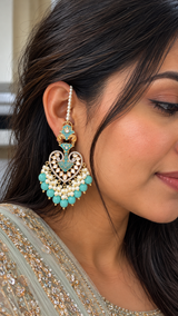 ERS82 Gold-Plated Meenakari Chandbali Earrings with Pearl Ear Support - Turquoise ( READY TO SHIP)