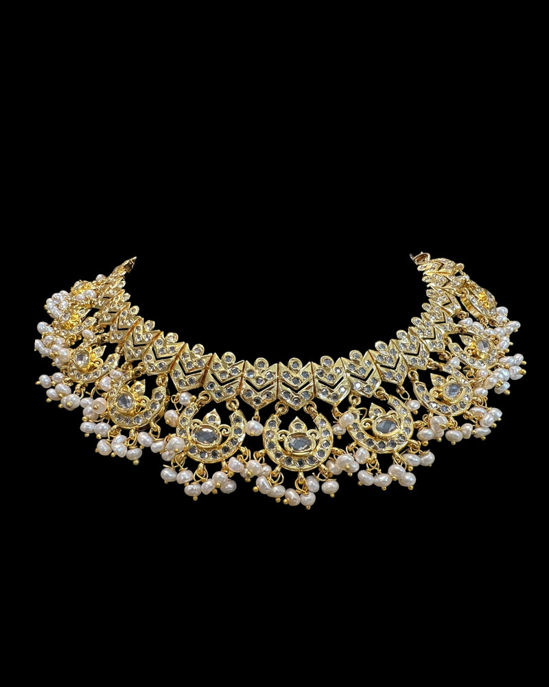 DNS216 Gold-Plated Necklace Set with Freshwater Pearls & CZ Polki | Intricate Bridal & Party Jewelry ( READY TO SHIP )