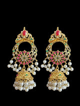 Zara earrings with jhumka and tika set in pearls- ruby emerald combination  ( READY TO SHIP )