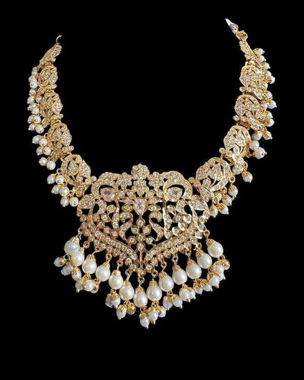 DNS211 Neeli Elegant Gold-Plated Necklace Set with Zircons & Shell Pearls ( READY TO SHIP )