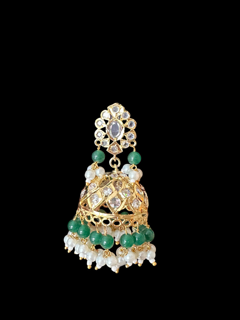 DER594 pearl and green beads hyderabadi jhumka ( READY TO SHIP )