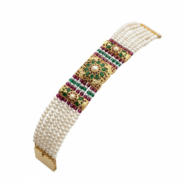 Gold-Plated Silver jadau Bracelet in Ruby, Emerald & Freshwater Pearls ( READY TO SHIP )