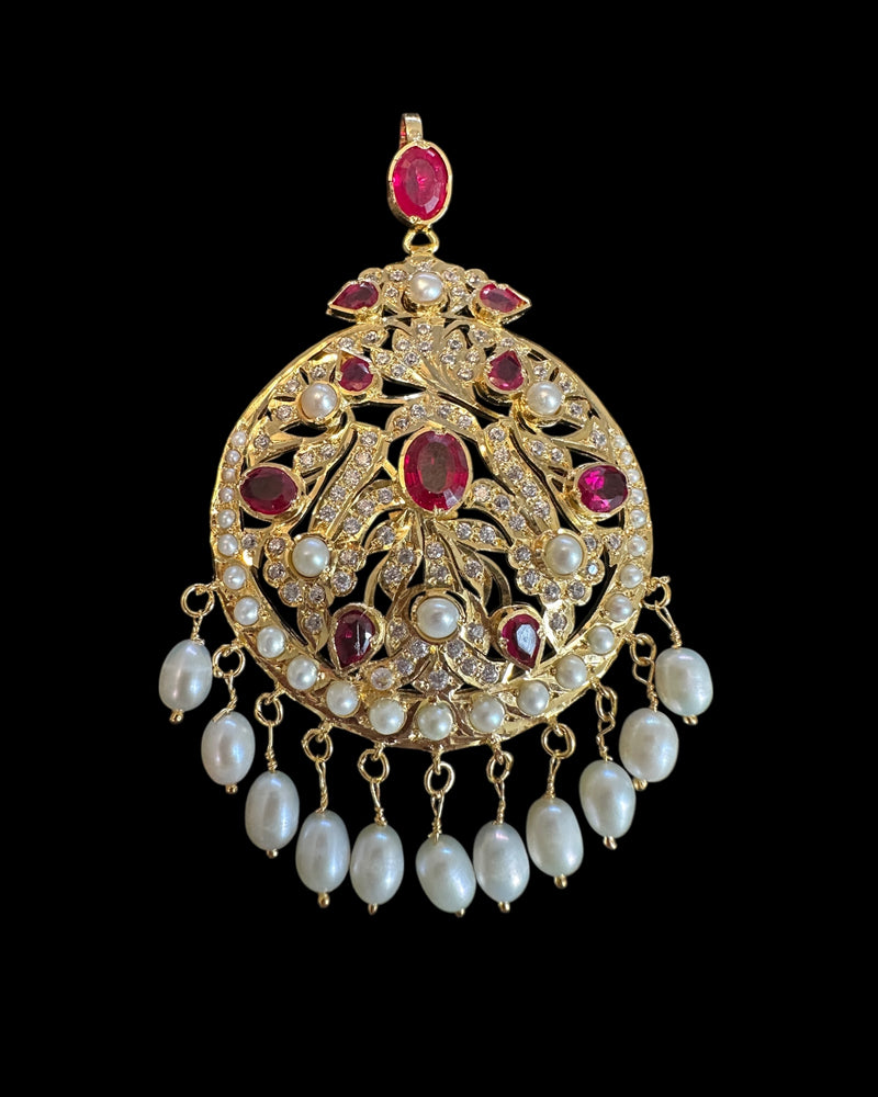 Gold-Plated Silver Ruby & Freshwater Pearl Pendant Set | 92.5 Silver | Elegant Zircon Design ( READY TO SHIP )