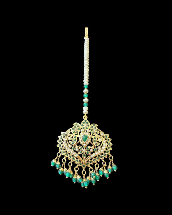 Gold-Plated Silver Tika with Freshwater Pearls & Natural Emerald Beads – Bridal Elegance in 92.5 Silver ( READY TO SHIP )