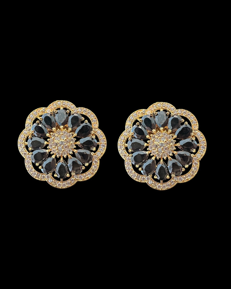C587 Gold-Plated CZ Choker Set in Black& Pearl Strings | Elegant Black Stone Necklace with Studs
 ( READY TO SHIP )