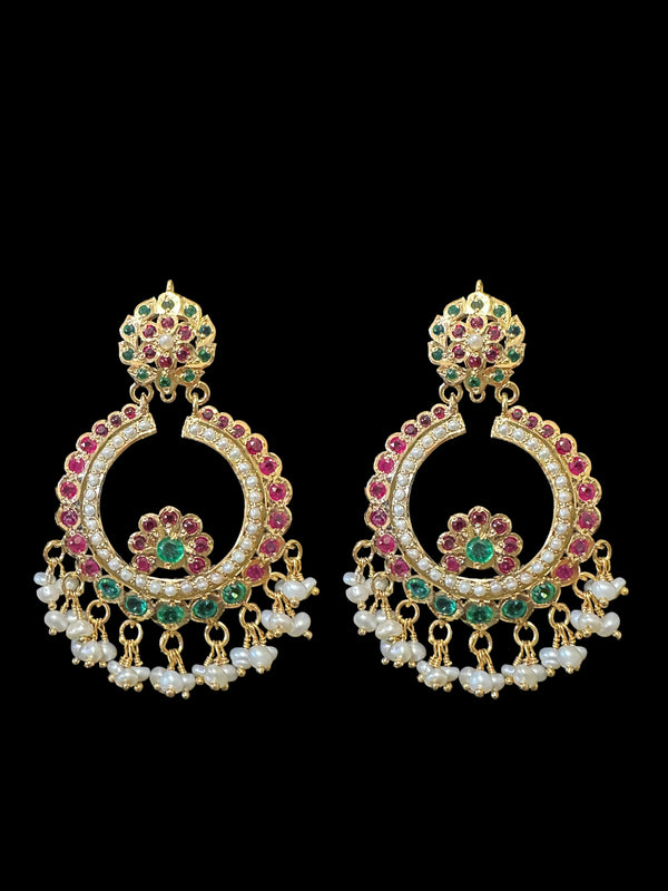 Ruby emerald with fresh water pearl chandbali earrings in gold plated silver ( READY TO SHIP )