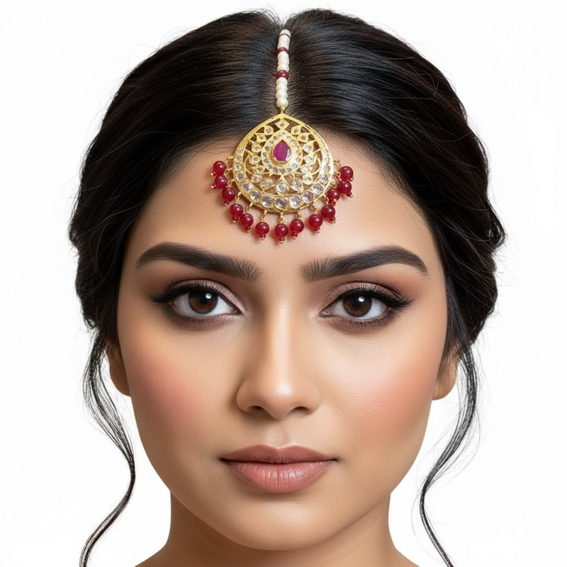 DJTK372 Gold-Plated Tikka in Pearl & Ruby Combination ( READY TO SHIP )