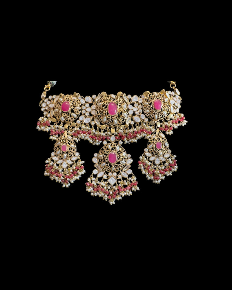 Bridal Choker Set in  Ruby & Shell Pearls | Gold-Plated | Earrings + Jhoomar + Tikka ( READY TO SHIP )