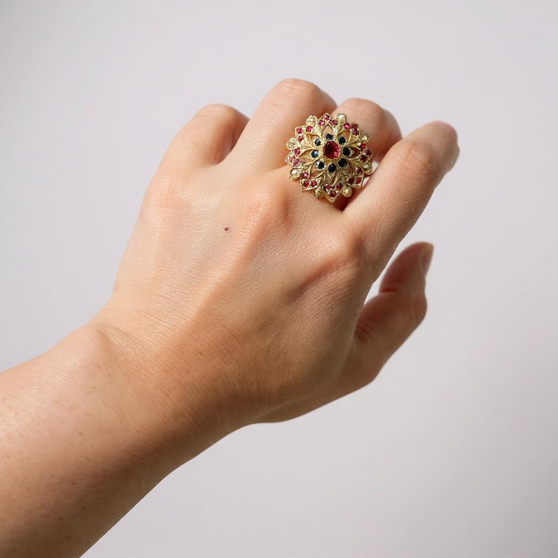 Ruby, sapphire and pearls ring in gold plated silver - adjustable ( READY TO SHIP )