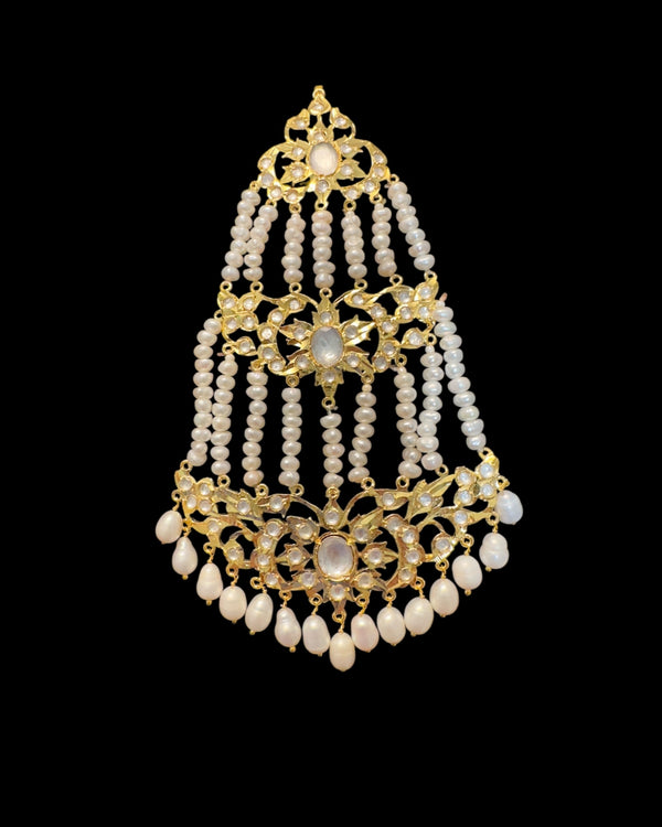 DJHR158 Hyderabadi Gold-Plated Moissanite Polki Jhumar with Freshwater Pearls ( READY TO SHIP )