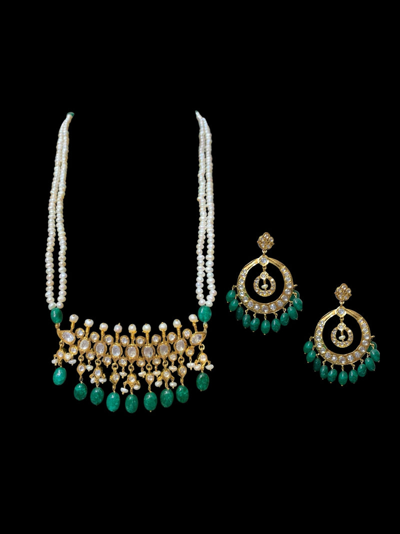 Moissanite Polki Tirmani Necklace Set with Natural Emerald Beads, Freshwater Pearls, and 22K Gold Plating – Includes Earrings
 ( SHIPS IN 4 WEEKS )