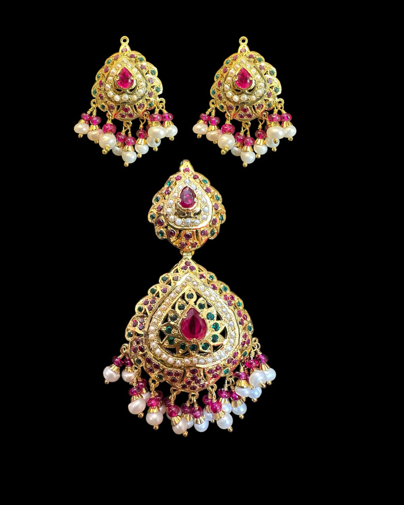 Ruby Emerald Pearl Pendant Set – Gold-Plated 92.5 Silver ( READY TO SHIP )